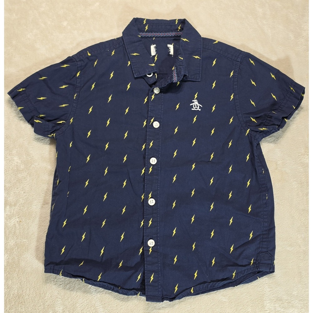 Original Penguin Boys 5 Button Upâ Shirt Navy Yellow Lightning Bolt Print